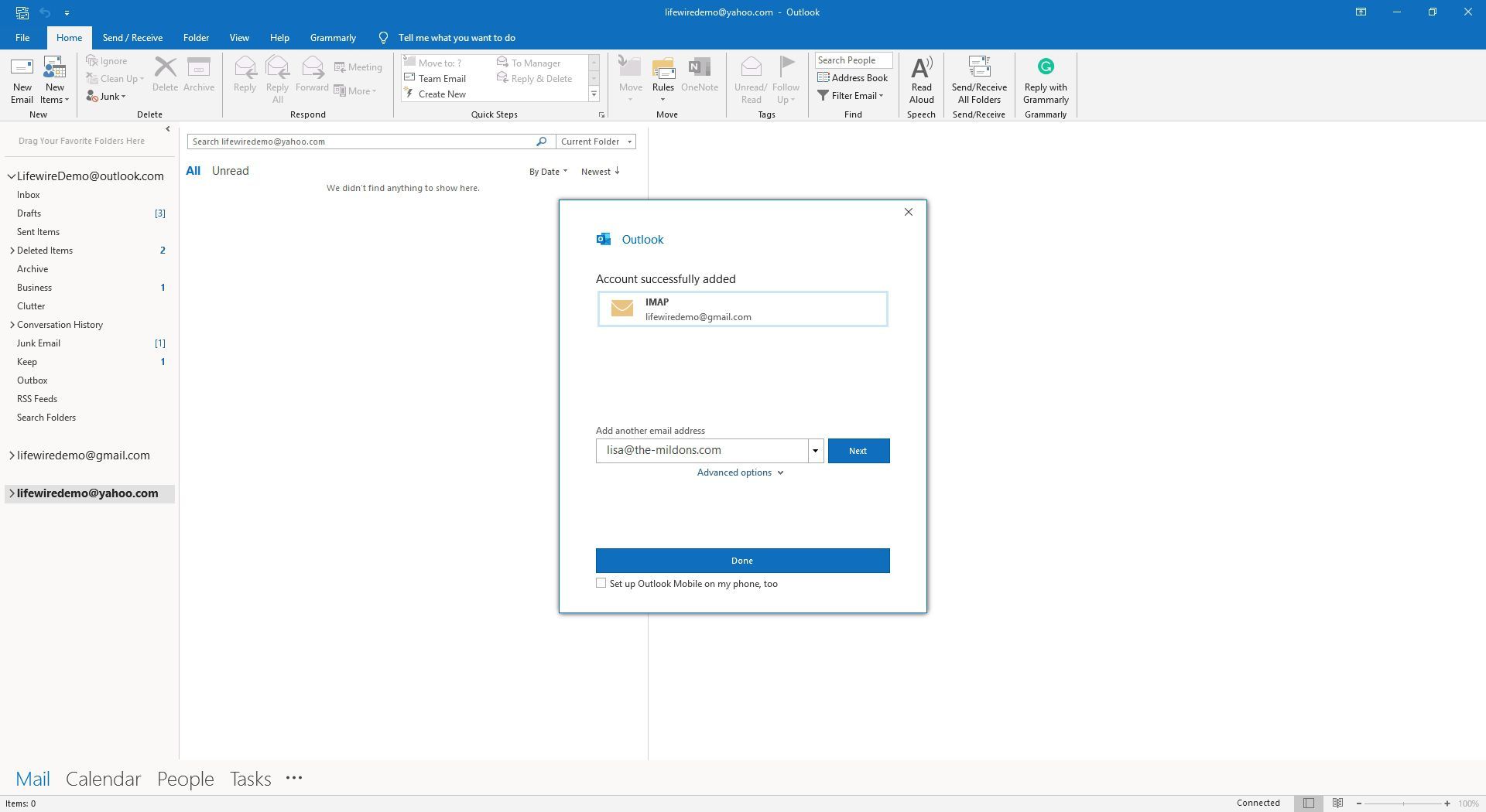 Завершение добавления учетной записи Gmail в Outlook.