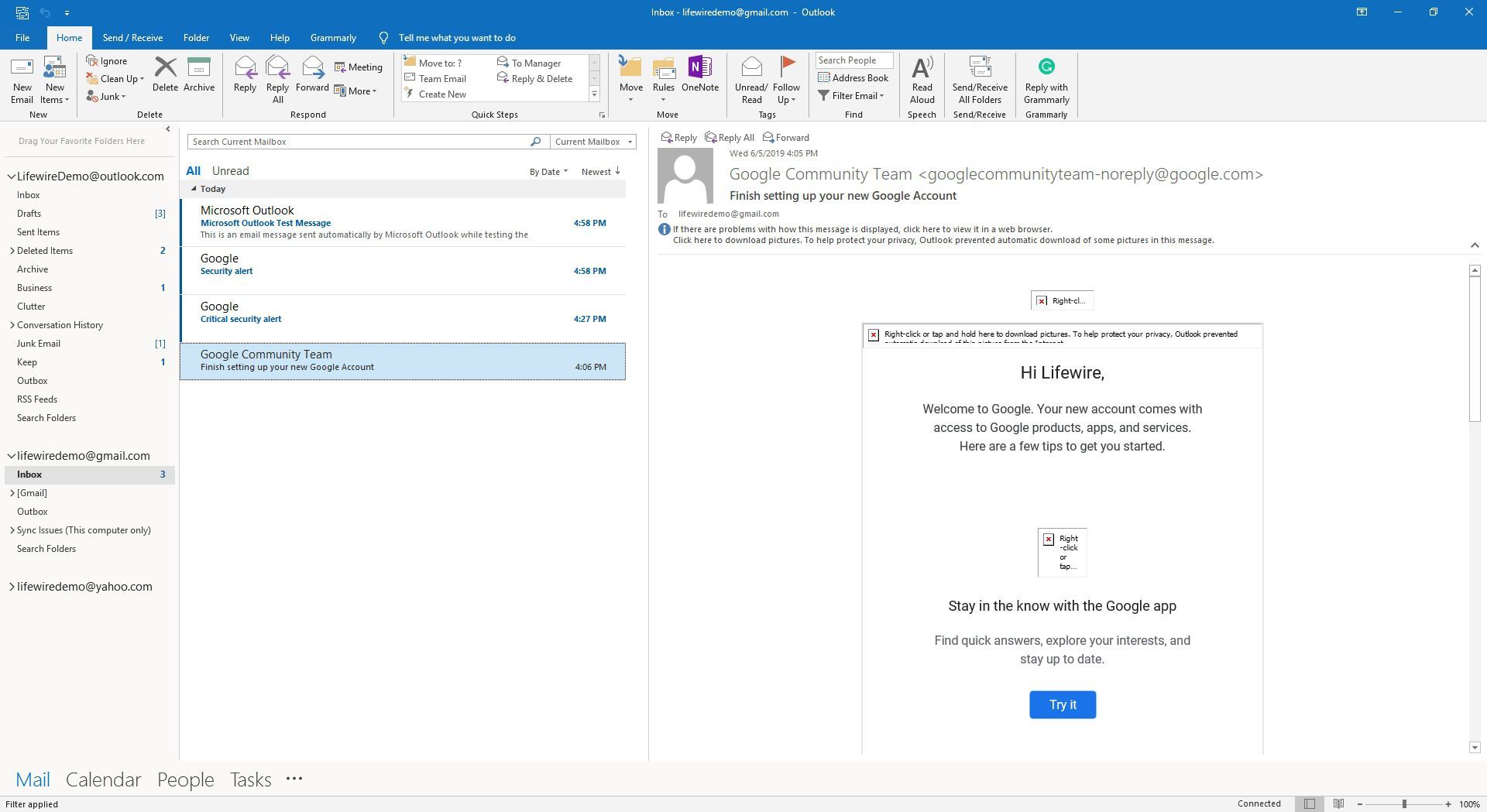 Письма из почтового ящика Gmail в Outlook.