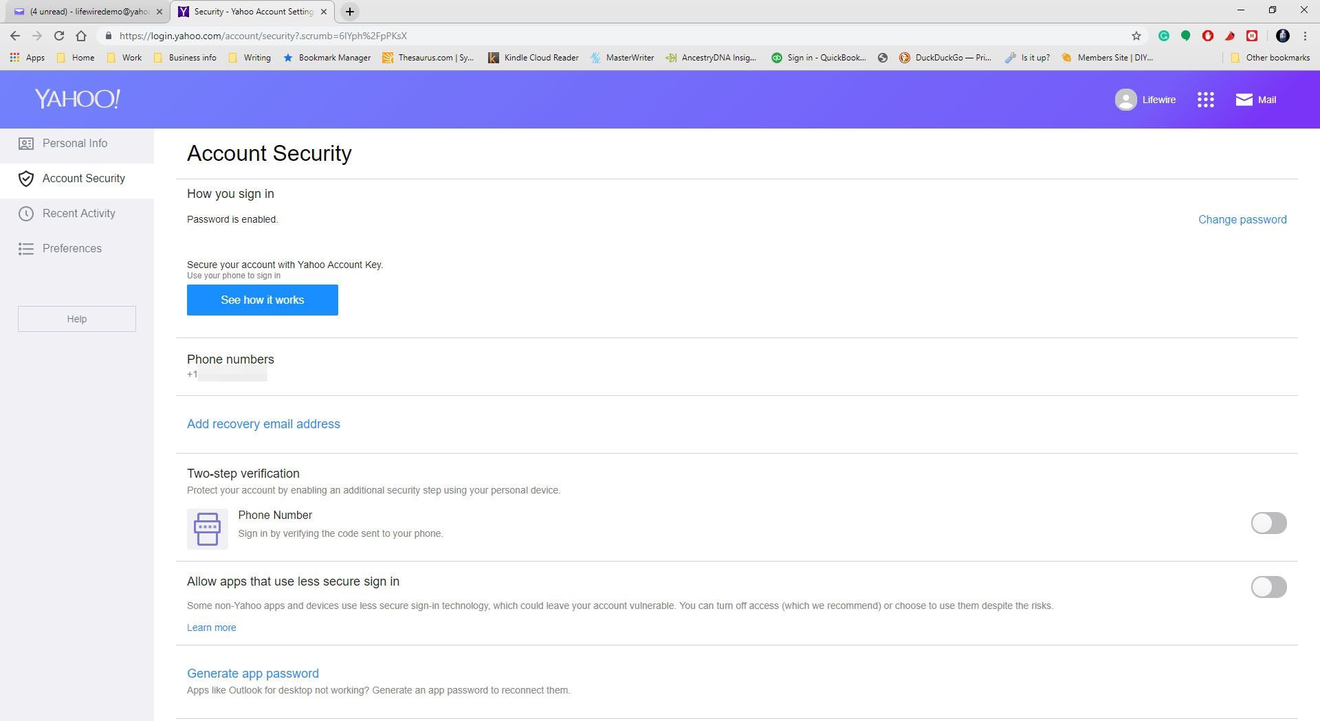 Безопасность аккаунта в почте Yahoo.