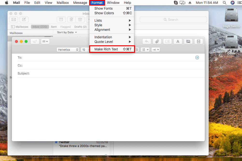 Снимок экрана, показывающий, как преобразовать сообщение в режим форматированного текста на Mac