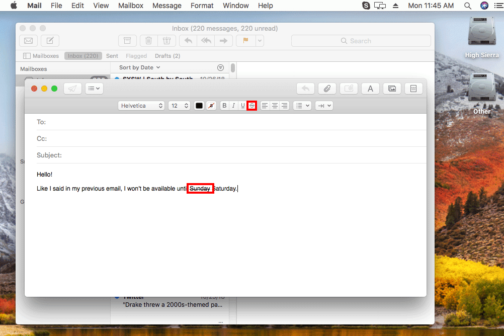 Снимок экрана, показывающий, как сделать зачеркнутый текст в Mac Mail
