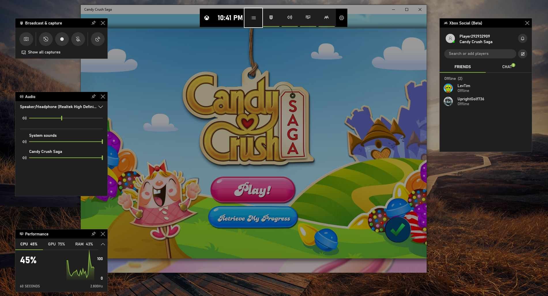 Снимок экрана Game Bar в Windows 10