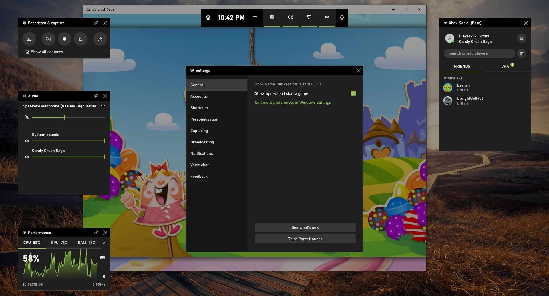 Снимок экрана с настройками панели игр на вкладке 