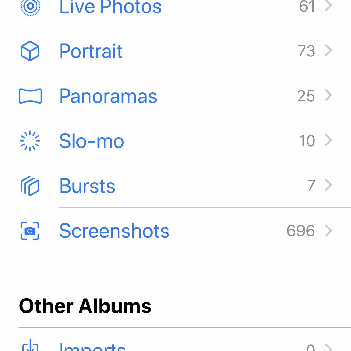Снимок экрана приложения iOS Фото с его альбомами по умолчанию