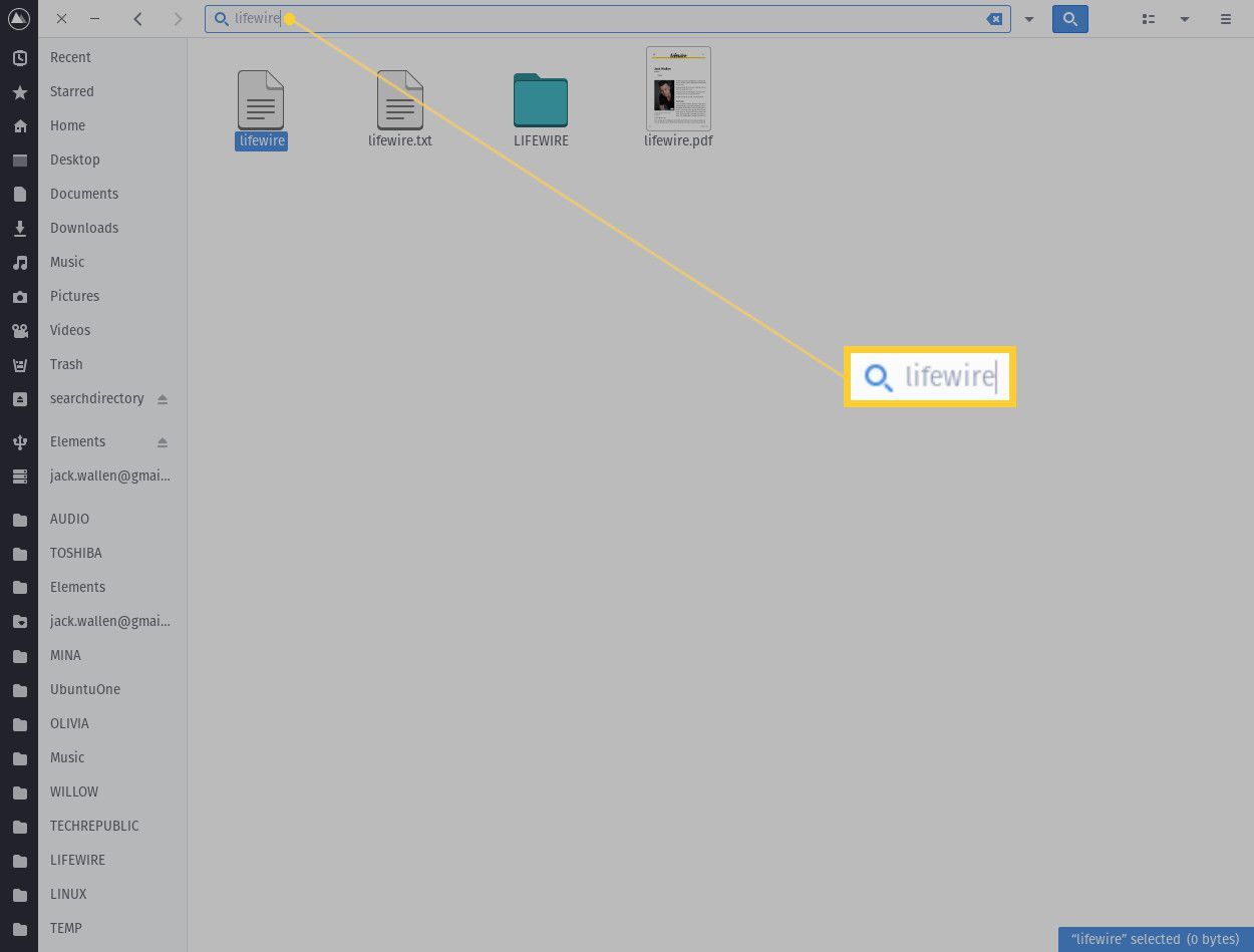Снимок экрана поиска имени файла в Nautilus.