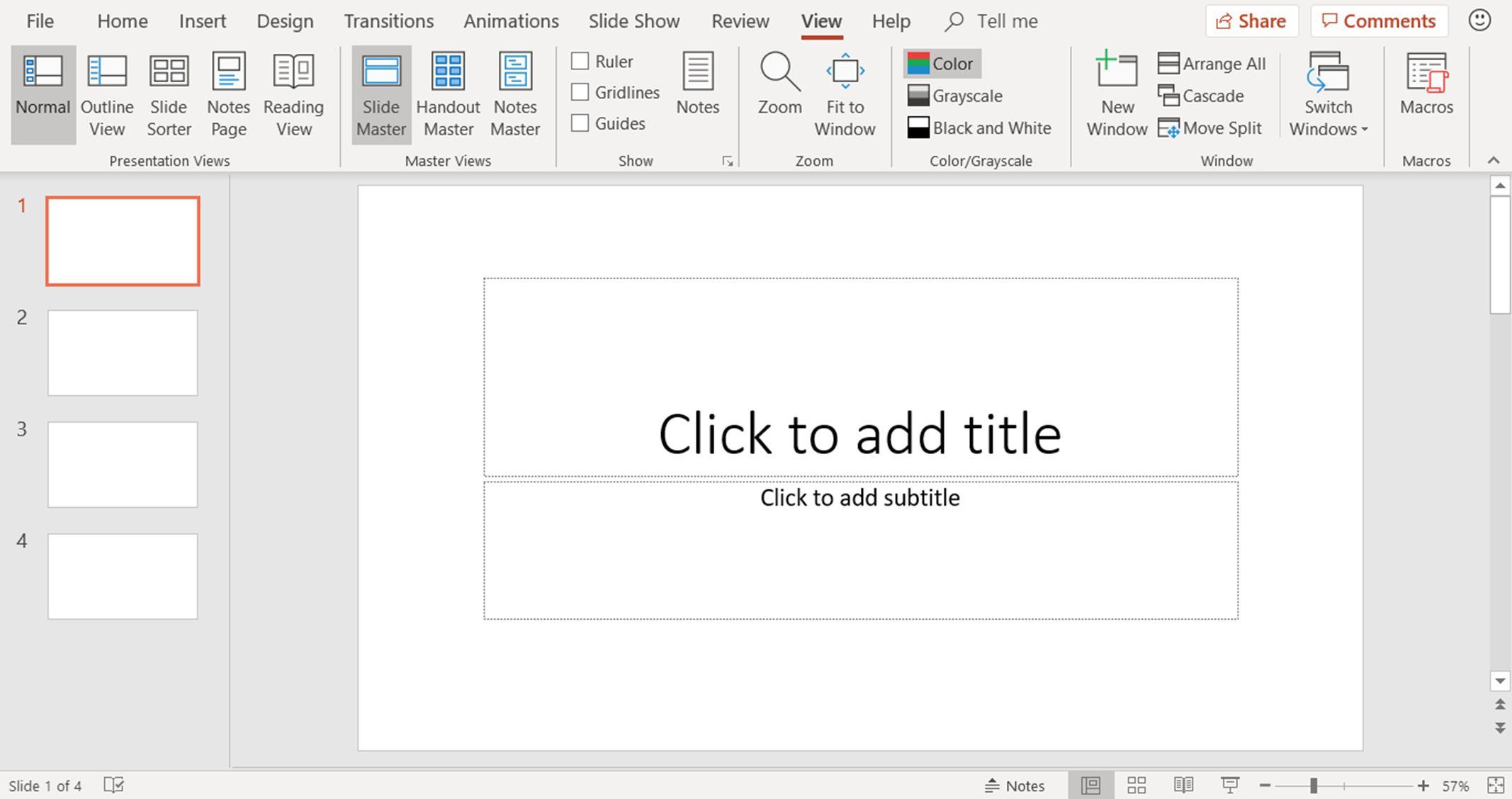 Снимок экрана, показывающий, как получить доступ к представлению «Сортировщик слайдов» в PowerPoint