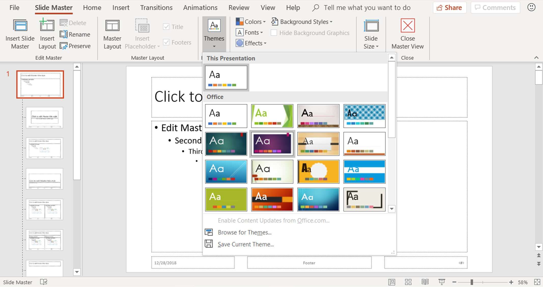 Снимок экрана, показывающий, как изменить тему в PowerPoint Slide Master
