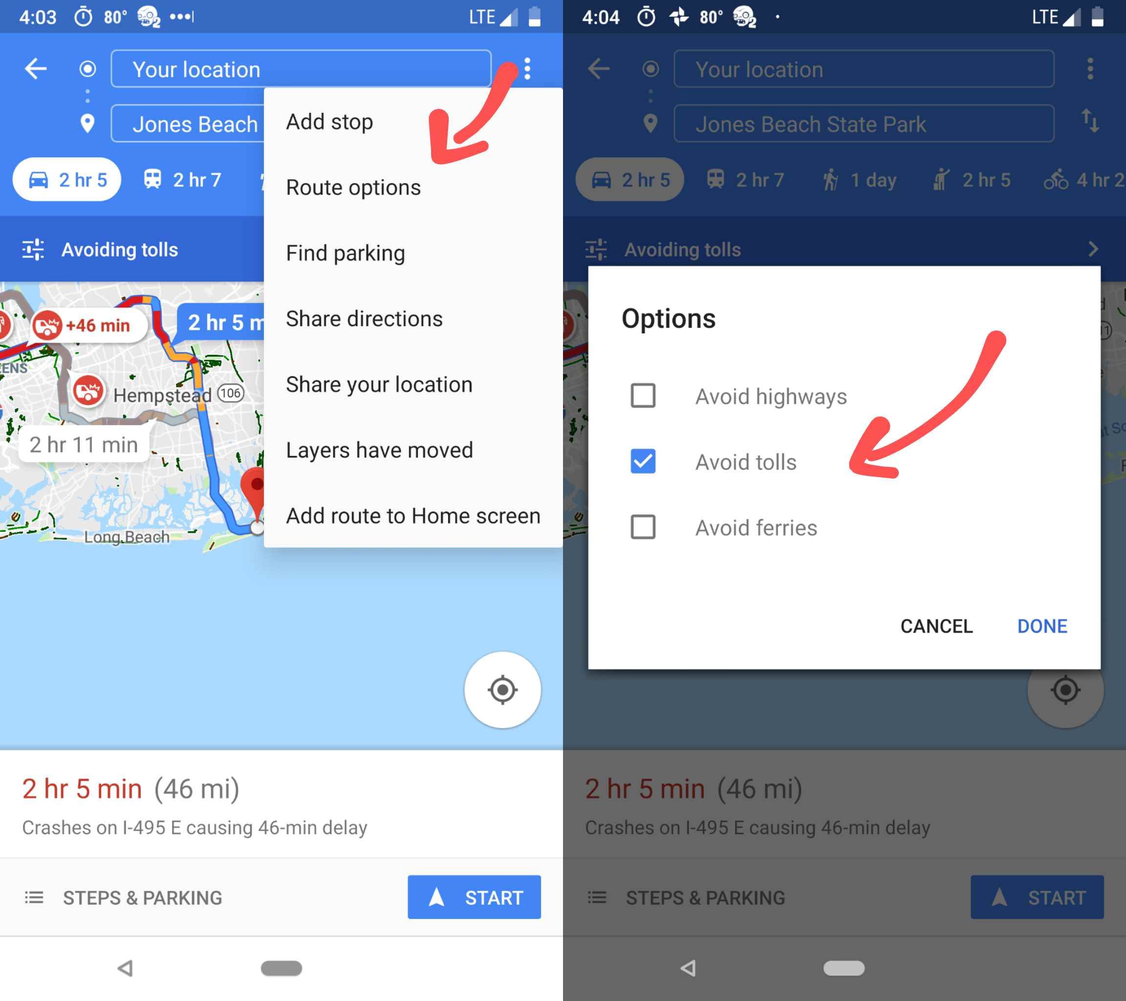 Снимки экрана Android кнопки параметров маршрута на Картах Google и как избежать платы за проезд в приложении