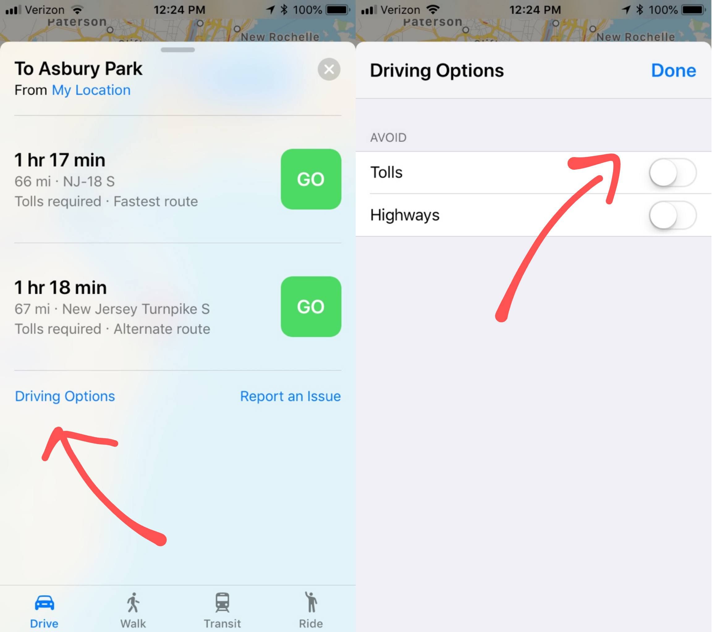 Снимки экрана iPhone со ссылкой на опции вождения и как избежать платы за проезд на Apple Maps