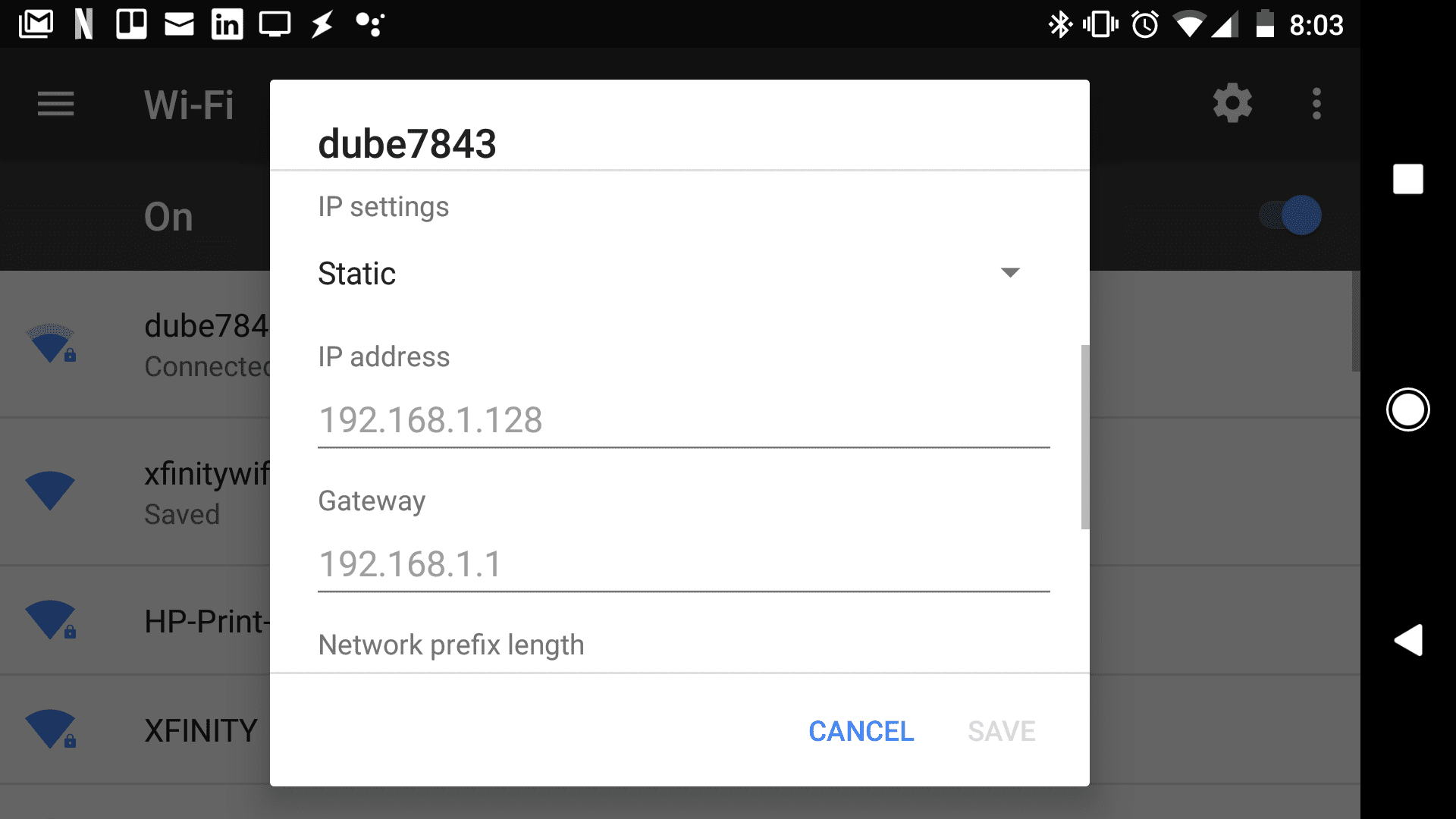 Снимок экрана Android's IP settings