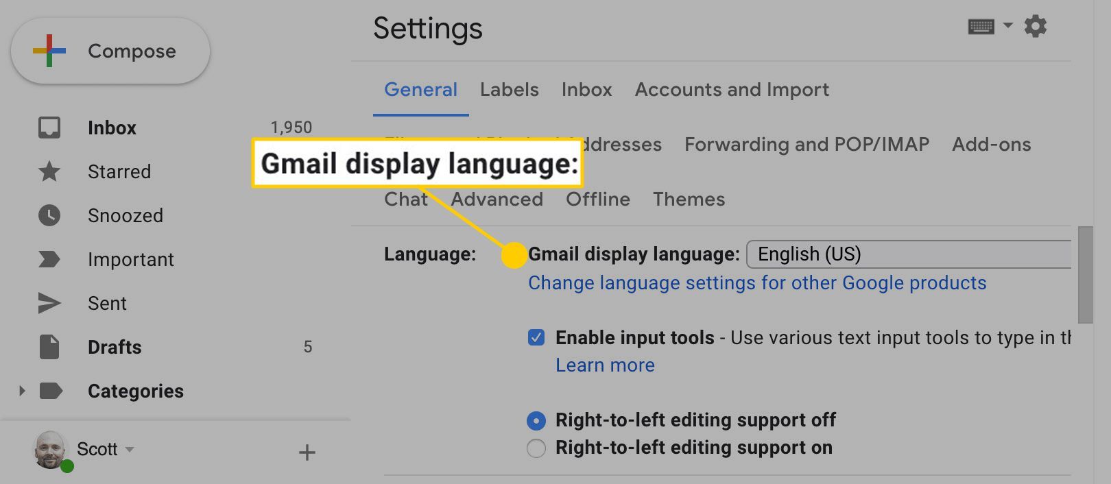 Где изменить язык отображения Gmail в интерфейсе настроек Gmail в Google Chrome.