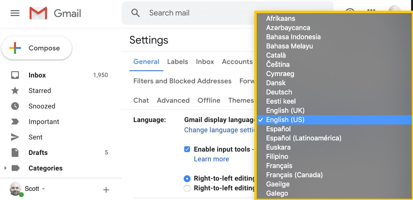 Список доступных языков в интерфейсе настроек Gmail в Google Chrome.