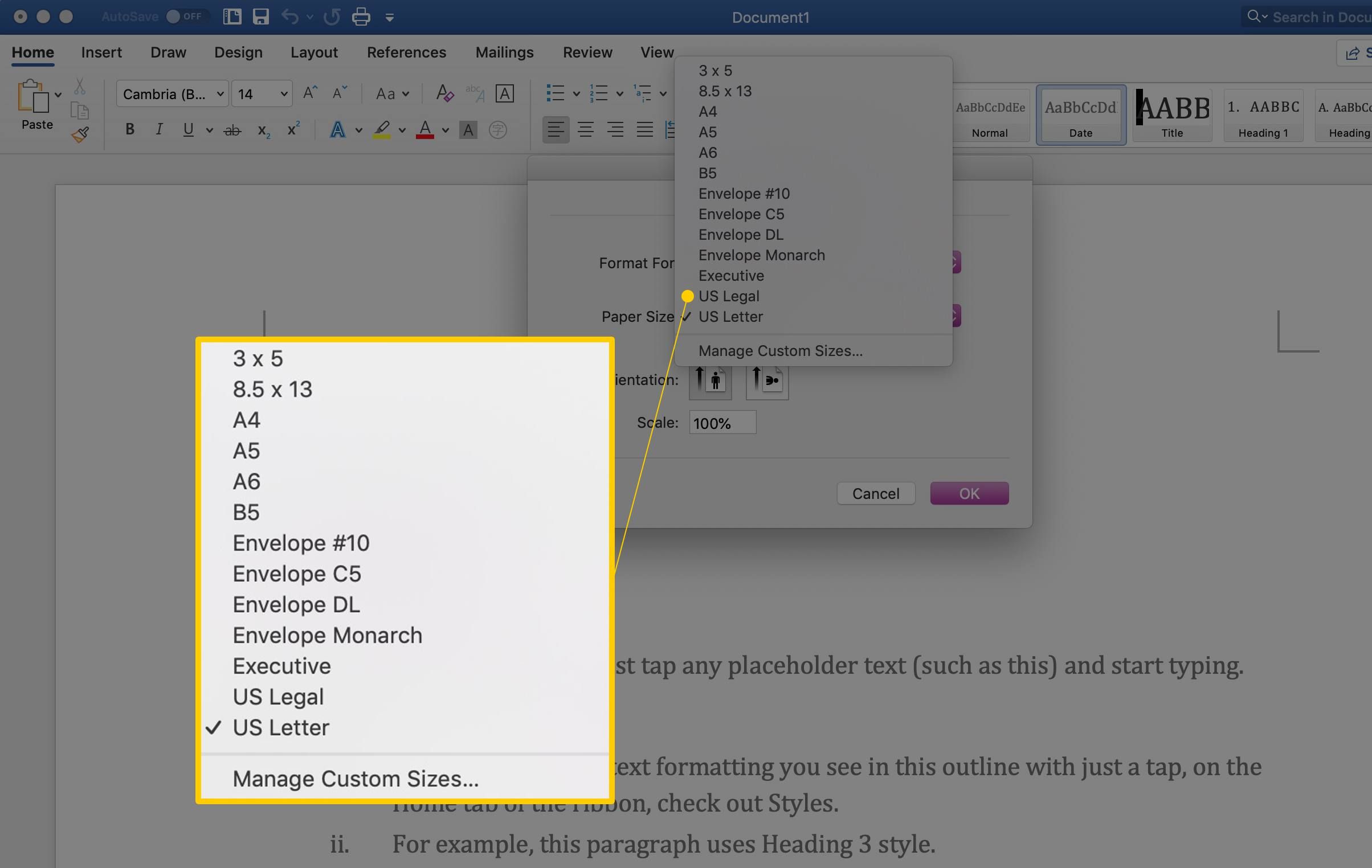 Различные размеры бумаги для выбора в диалоговом окне «Параметры страницы» в версии Word для MacOS