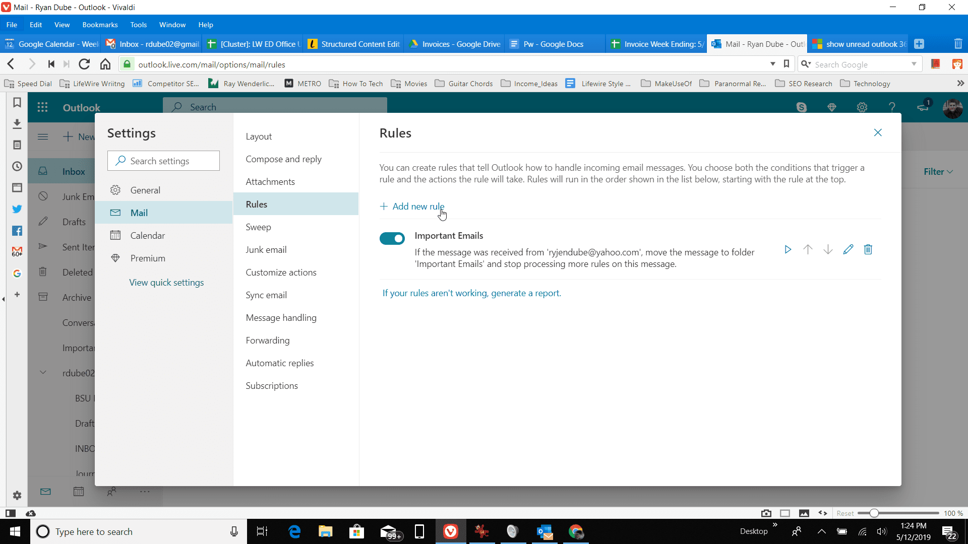 Снимок экрана добавления нового правила в Outlook онлайн