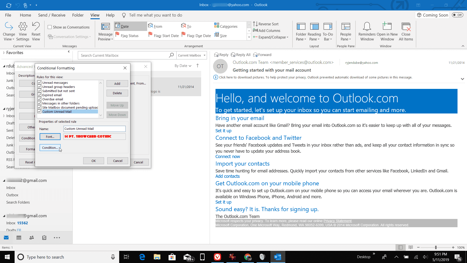 Снимок экрана выбора условия форматирования в Outlook