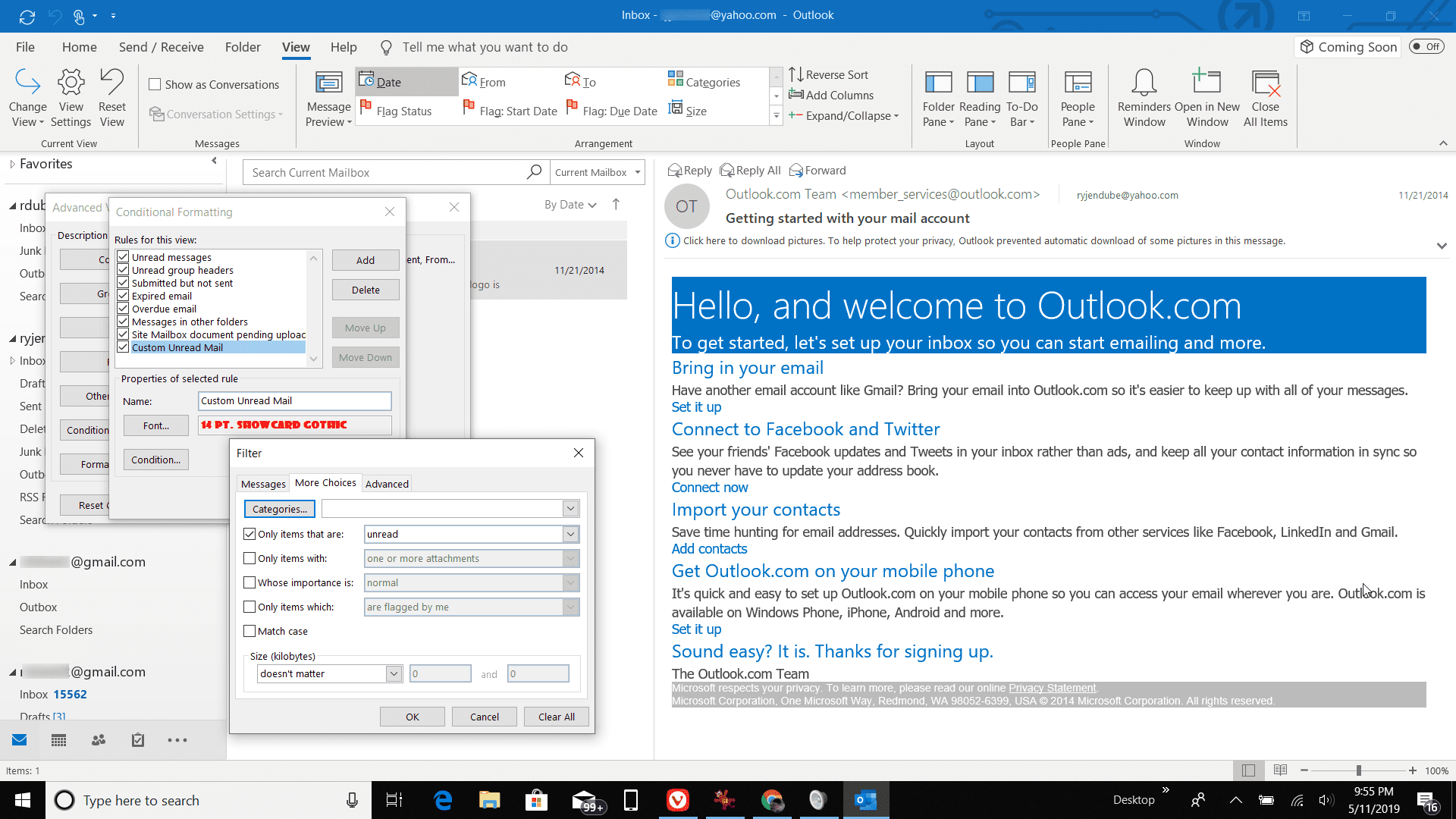 Снимок экрана настройки непрочитанного файла в Outlook