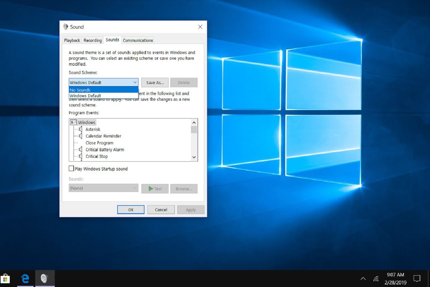 Снимок экрана, показывающий, как отключить звуки системы Windows в меню настроек Sounds.