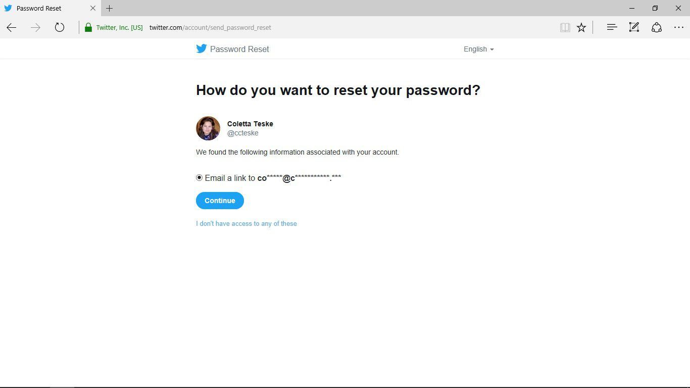 Снимок экрана, на котором Twitter отправит ссылку для сброса пароля