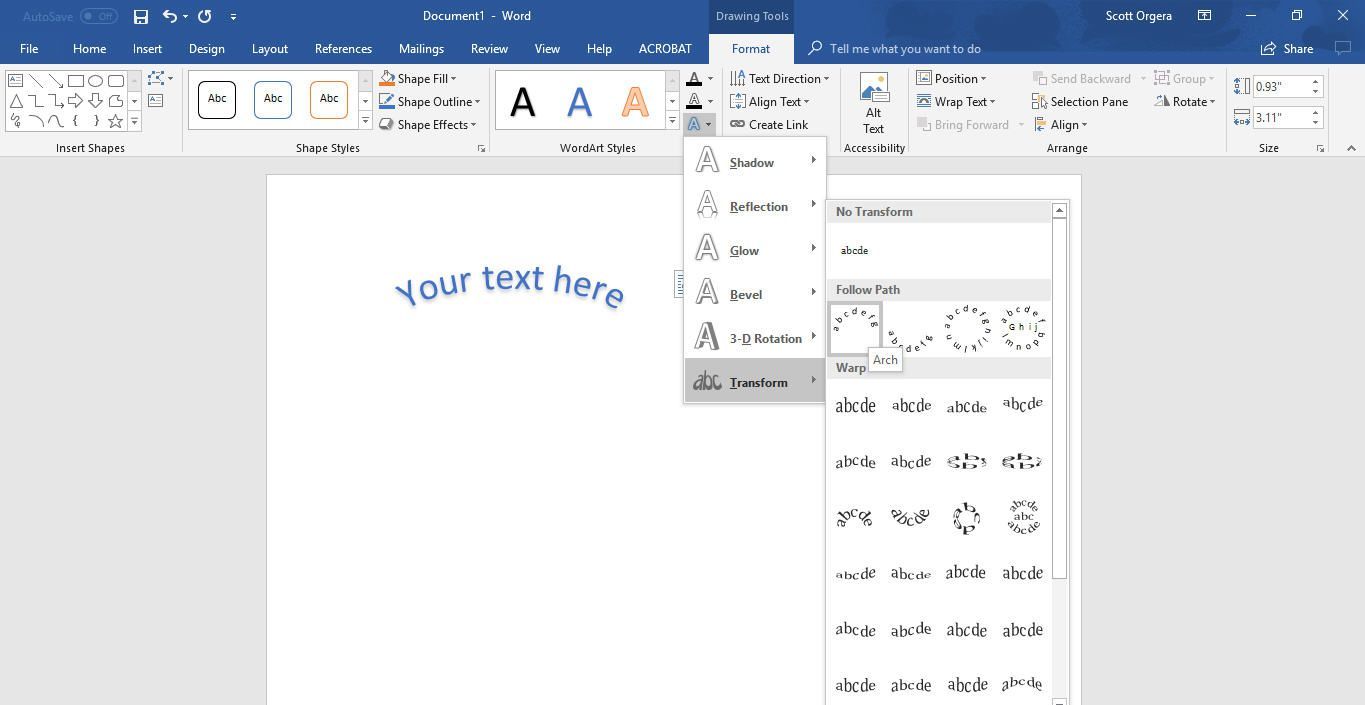 кривая текста в Microsoft Word