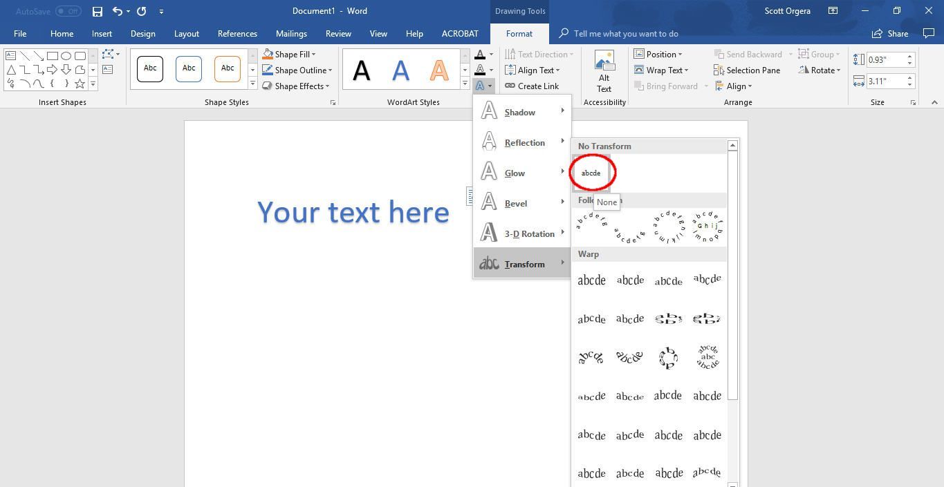 отменить изогнутый текст в Microsoft Word
