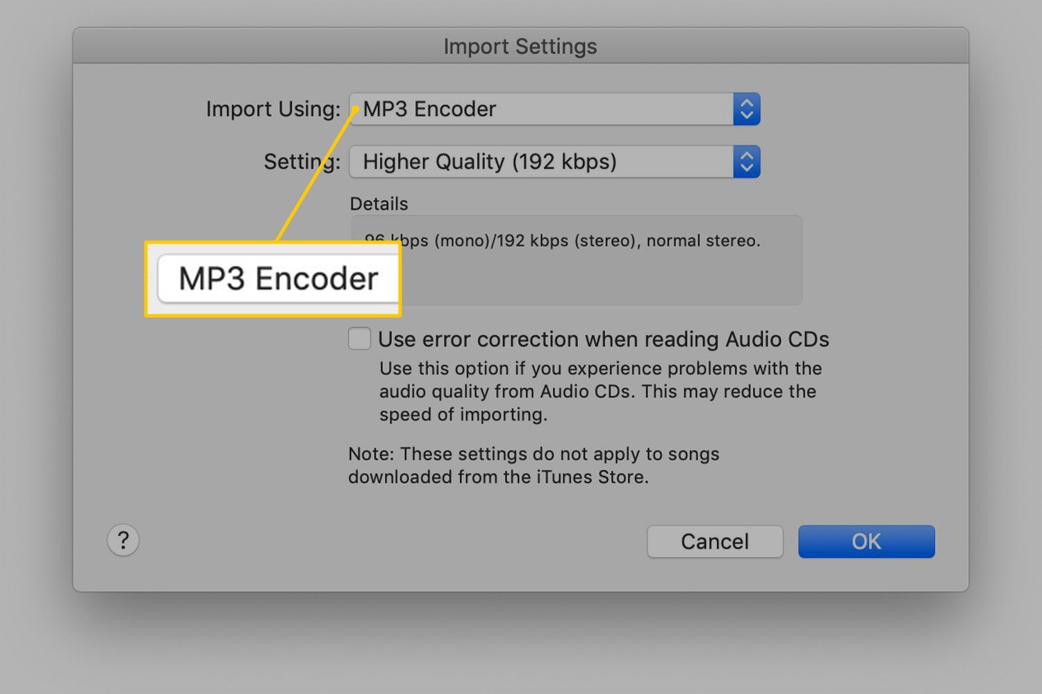 MP3 Encoder в настройках импорта iTunes
