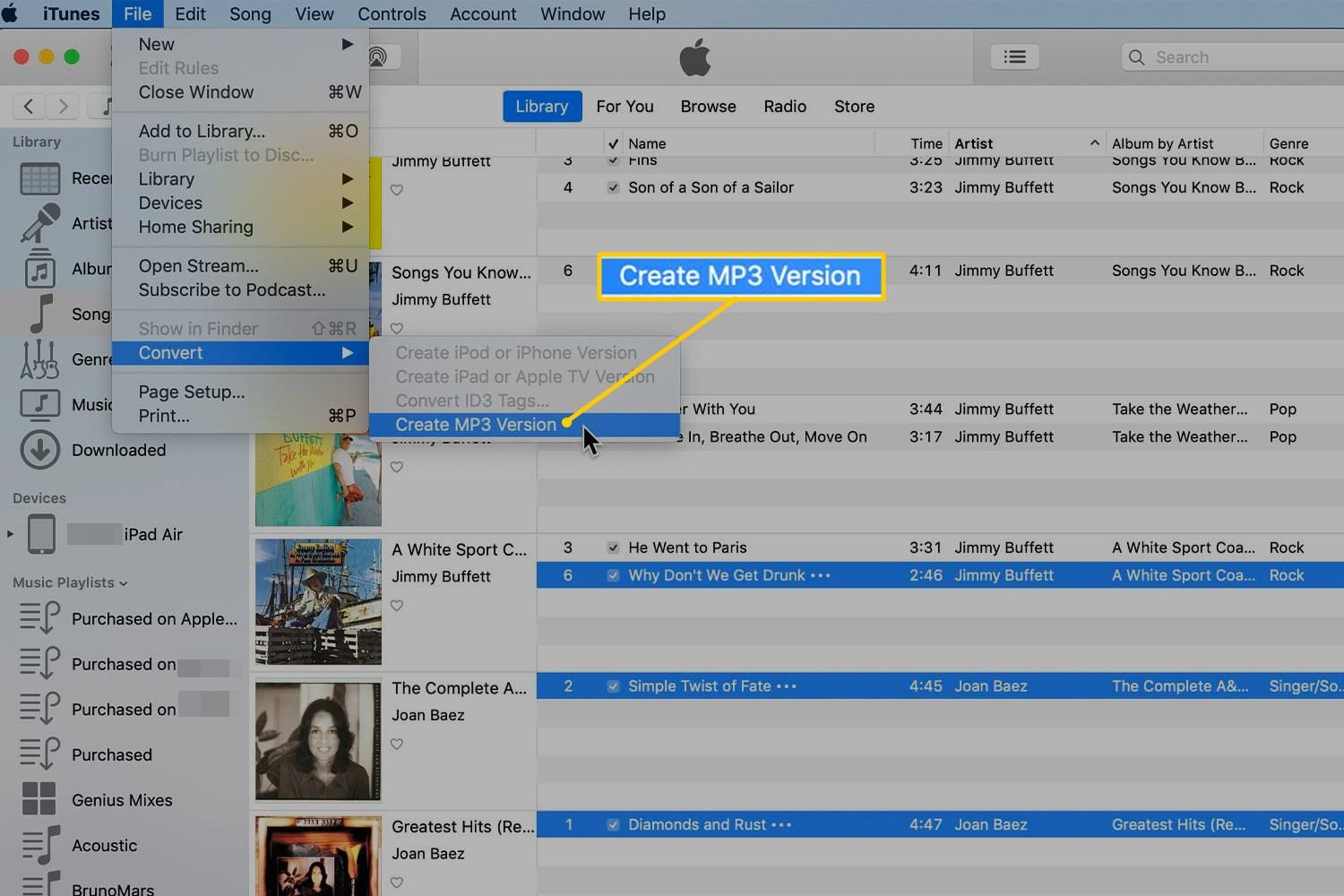Пункт меню «Создать MP3 версию» в iTunes