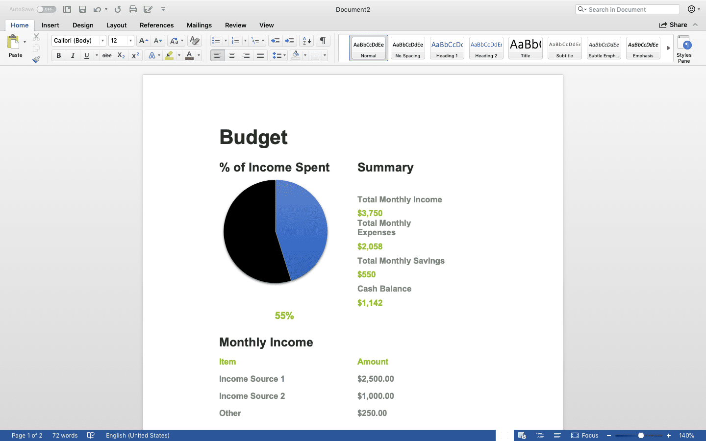 Электронная таблица Excel, преобразованная в Microsoft Word
