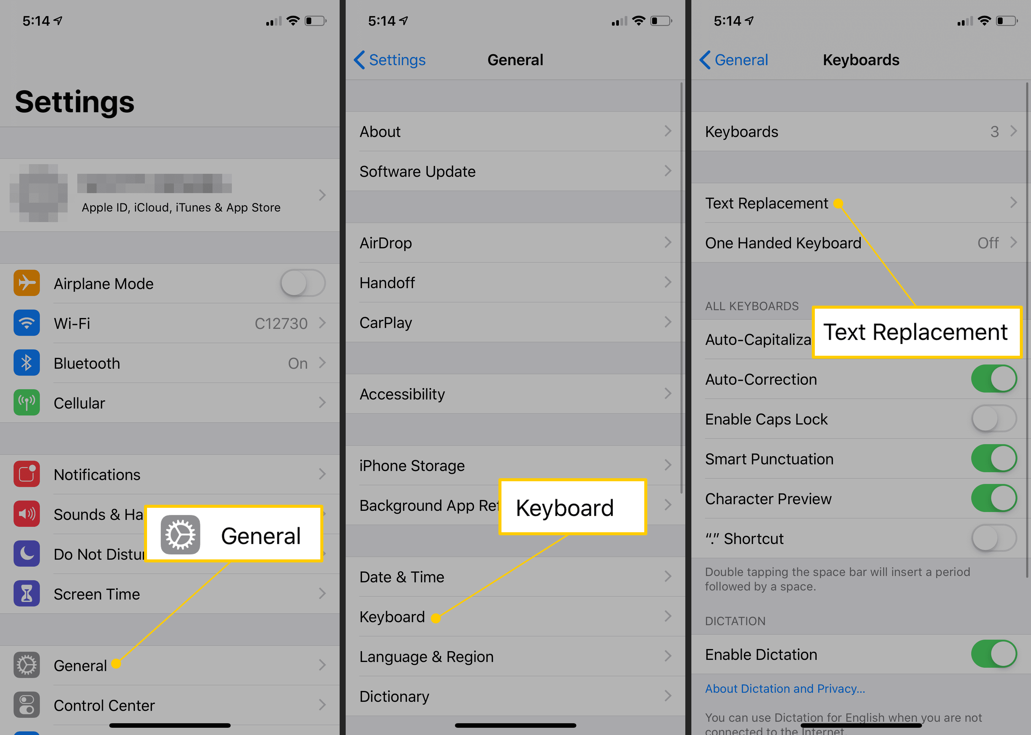 Кнопки «Общие», «Клавиатура», «Замена текста» в настройках iOS