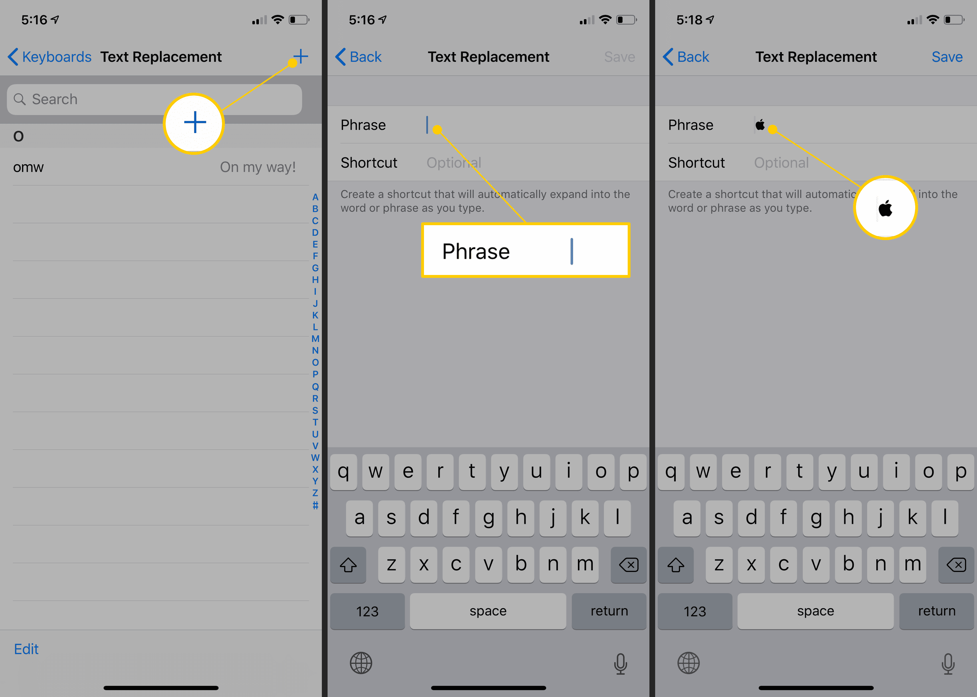Кнопка «плюс», фраза для замены, логотип Apple в настройках iOS