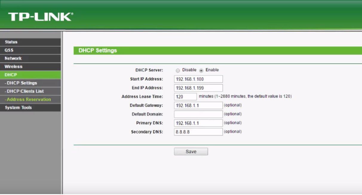 Снимок экрана настроек DHCP