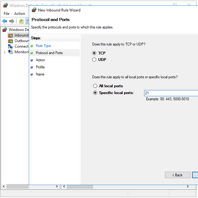 Порт 21 открыт в брандмауэре Windows 10