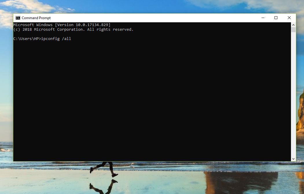 Снимок экрана командной строки с ipconfig / all