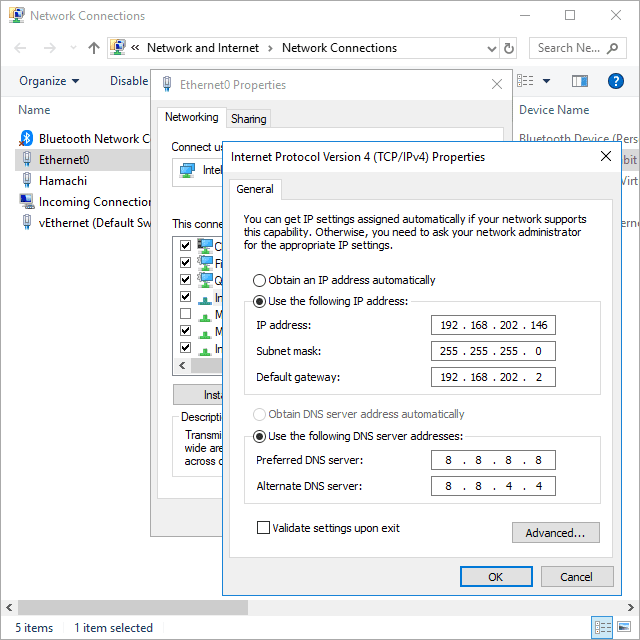 Снимок экрана: назначение статического IP-адреса в Windows 10