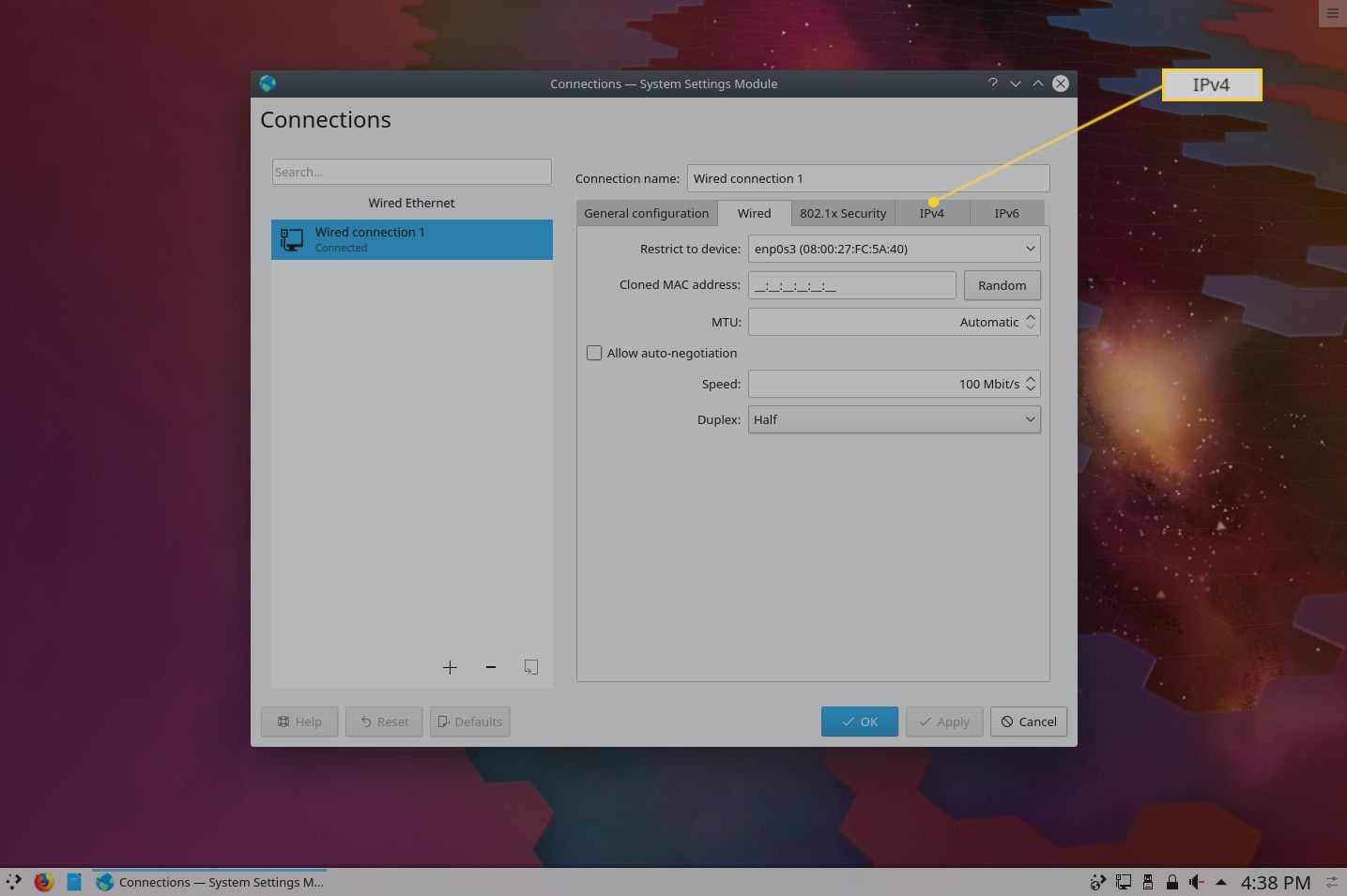 Снимок экрана с вкладкой KDE Network IPv4.