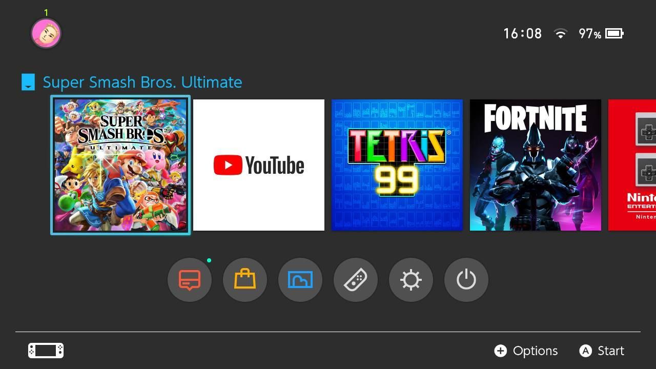 Главный экран Nintendo Switch с иконками Smash Bros, YouTube, Tetris 99 и Fortnite.
