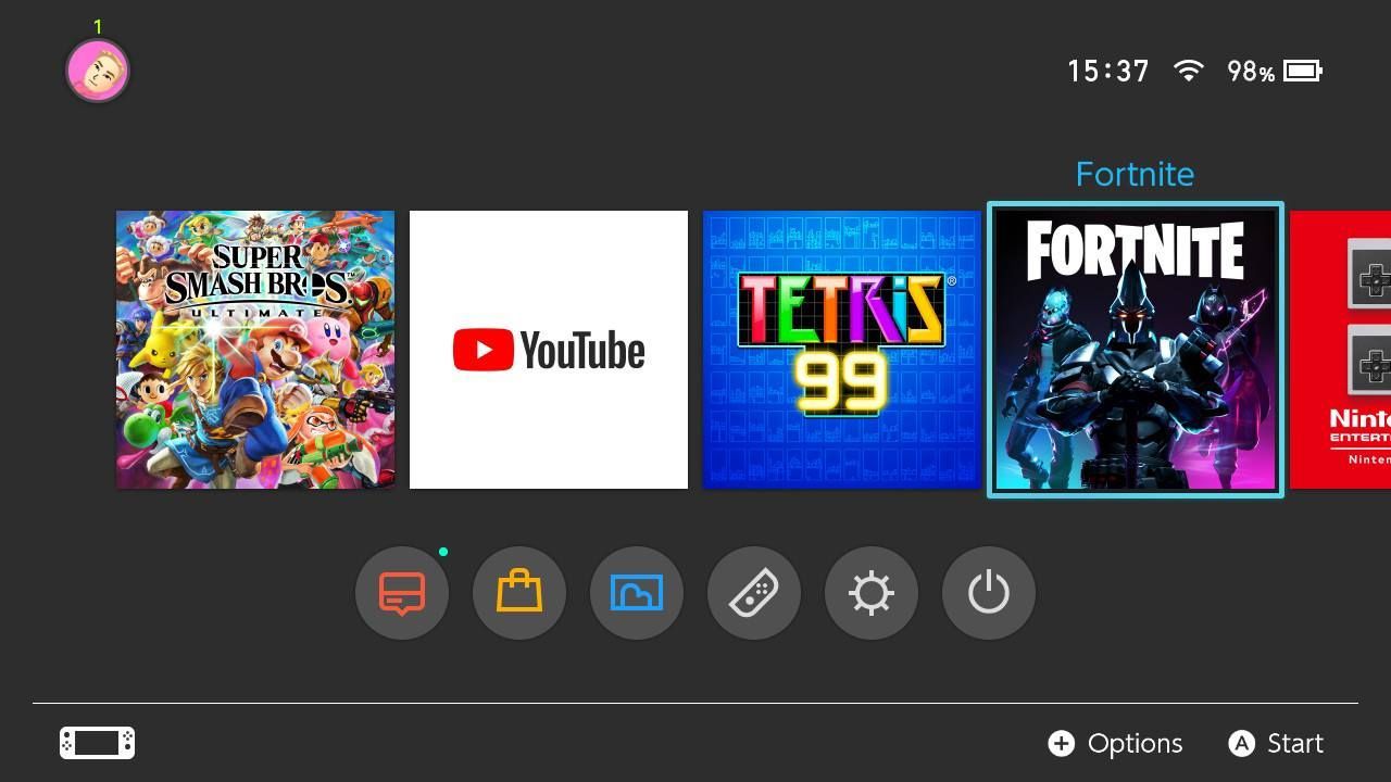 Главный экран Nintendo Switch с выбранным значком видеоигры Fortnite.