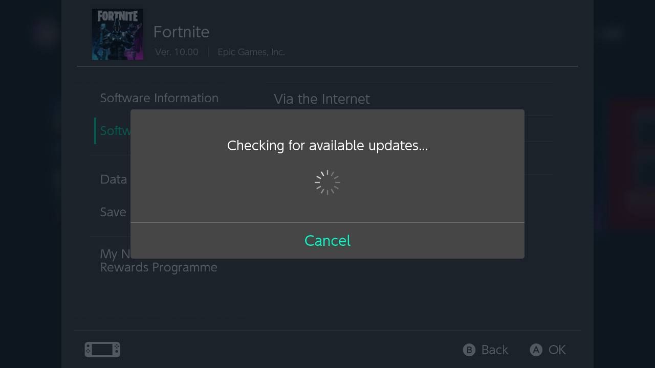 Снимок экрана консоли Nintendo Switch, проверяющей наличие обновлений для видеоигр Fortnite.