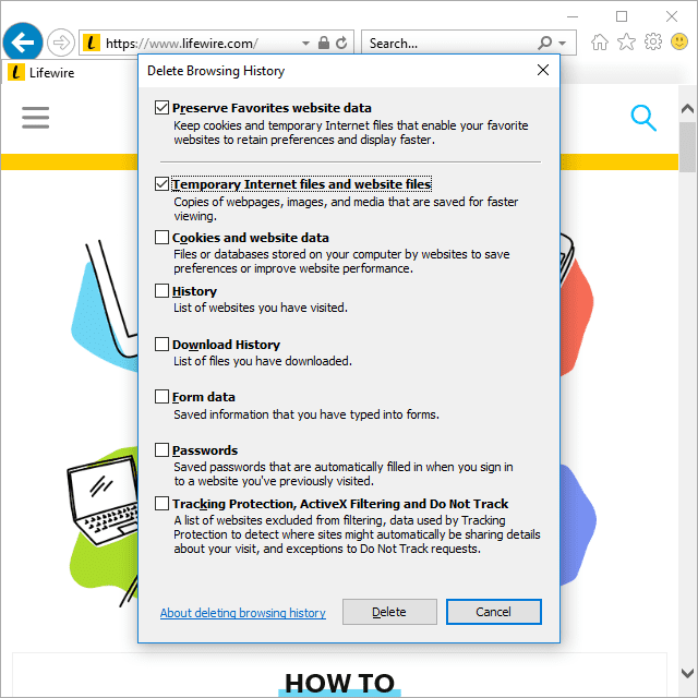 Снимок экрана, показывающий, как очистить кэш в Internet Explorer в Windows 10