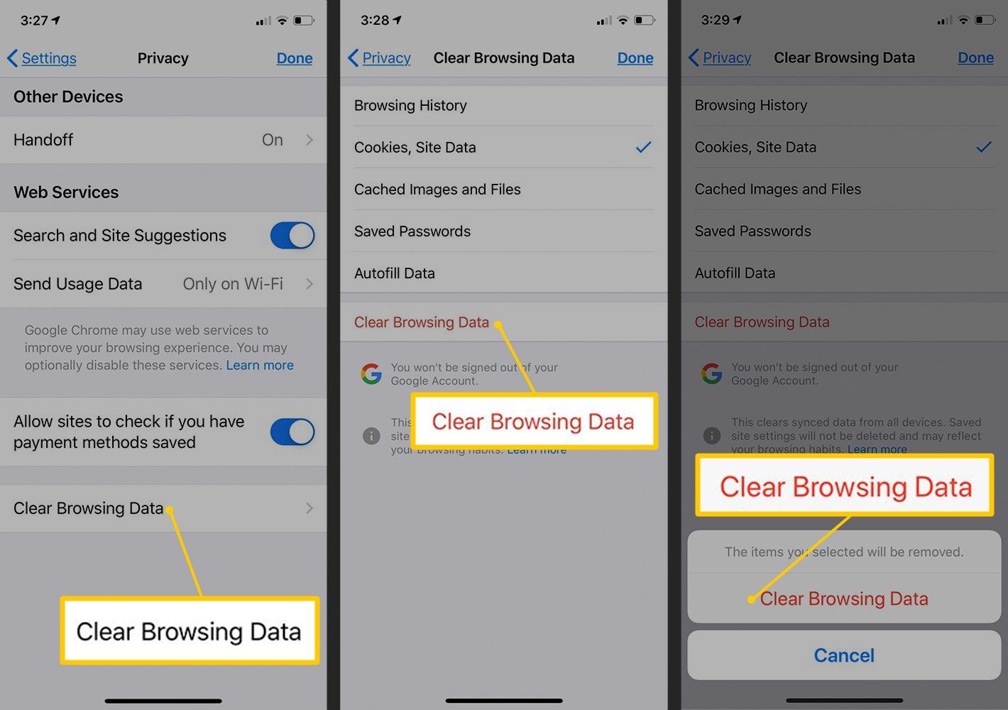 Очистить кнопки просмотра данных в настройках iOS