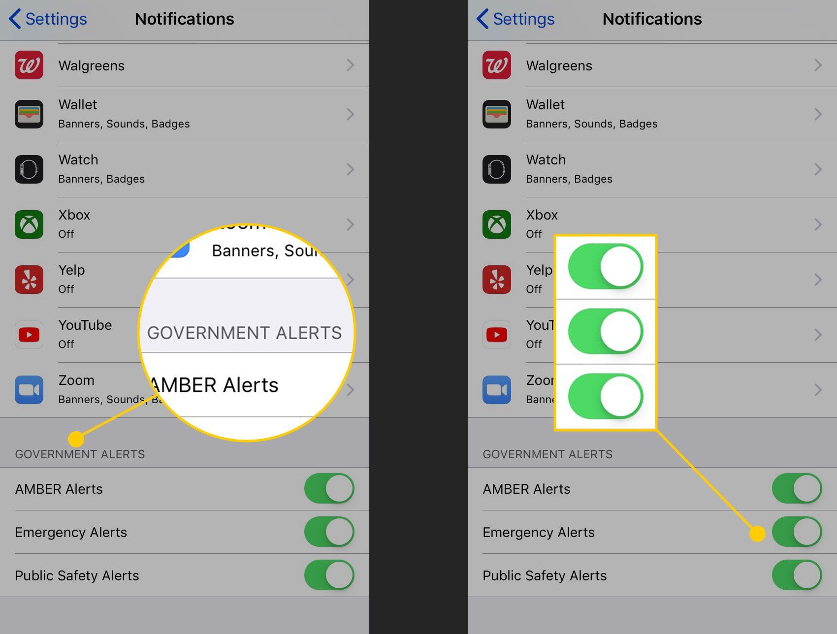 Раздел «Правительственные оповещения» в настройках уведомлений iPhone