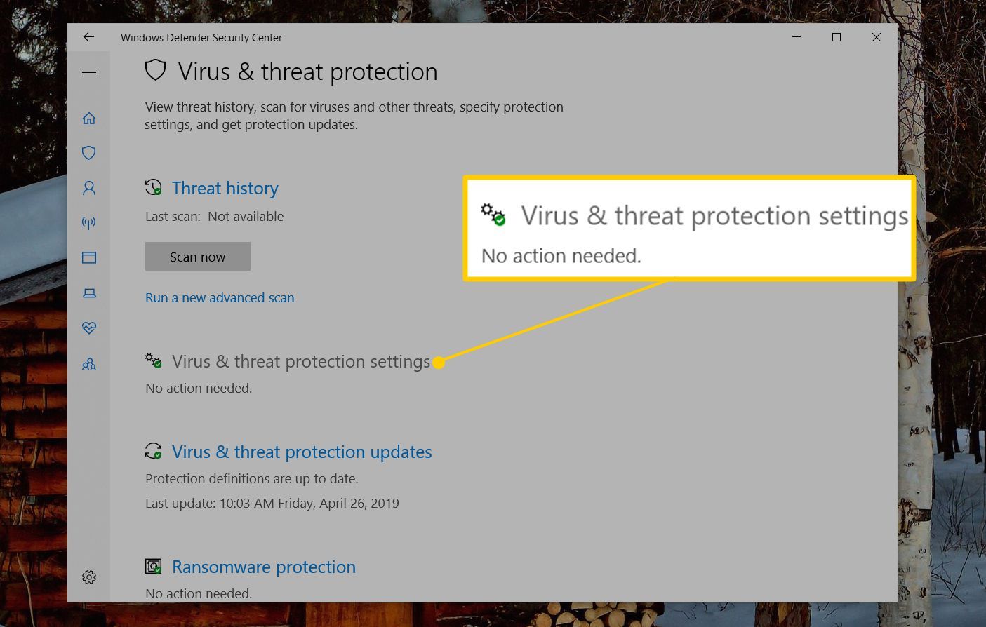Снимок экрана: кнопка настроек защиты от вирусов и угроз