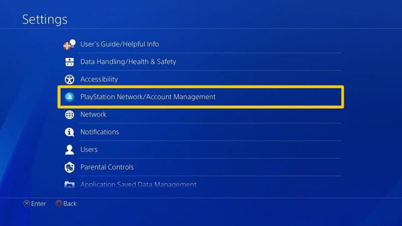 Расположение Account Management в меню настроек PS4.