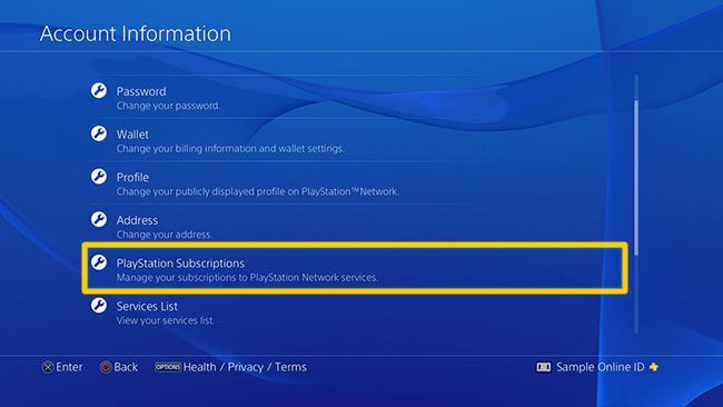 Расположение подписки PlayStation на экране информации об учетной записи PS.