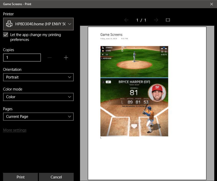 снимок экрана интерфейса печати OneNote для Windows 10