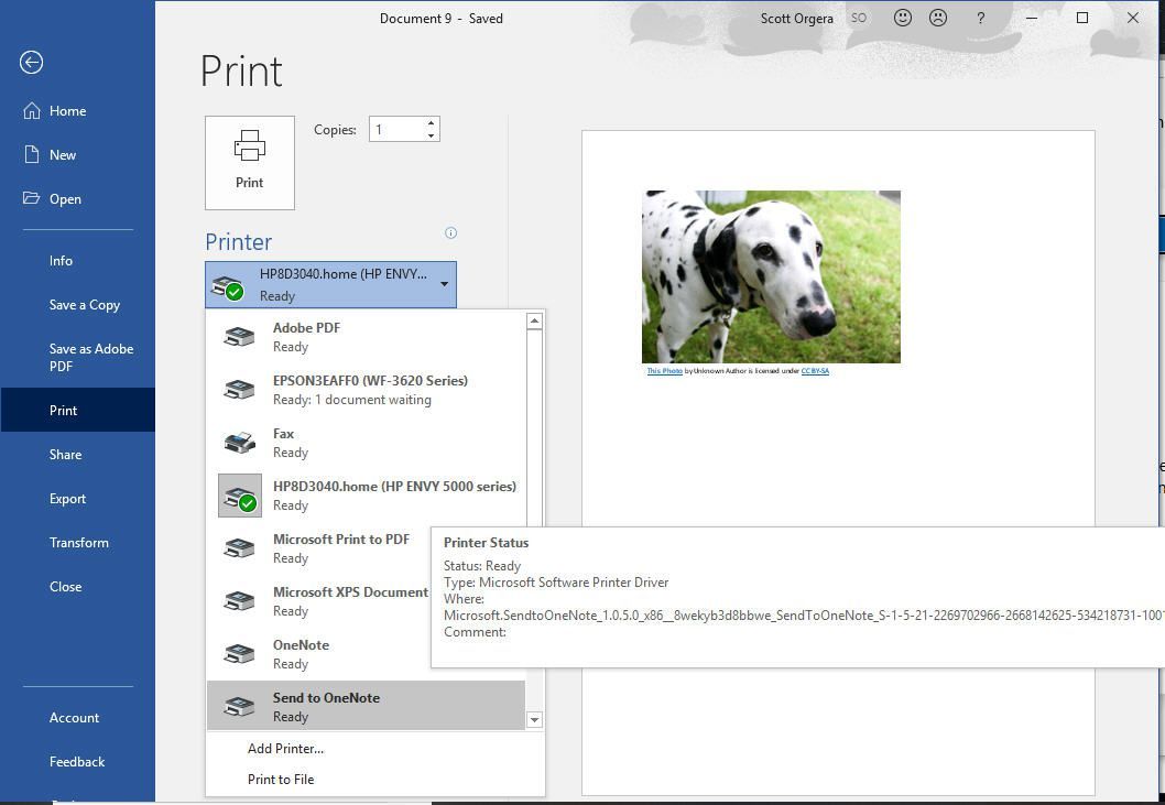 снимок экрана опции «Отправить в OneNote» в списке принтеров Microsoft Word