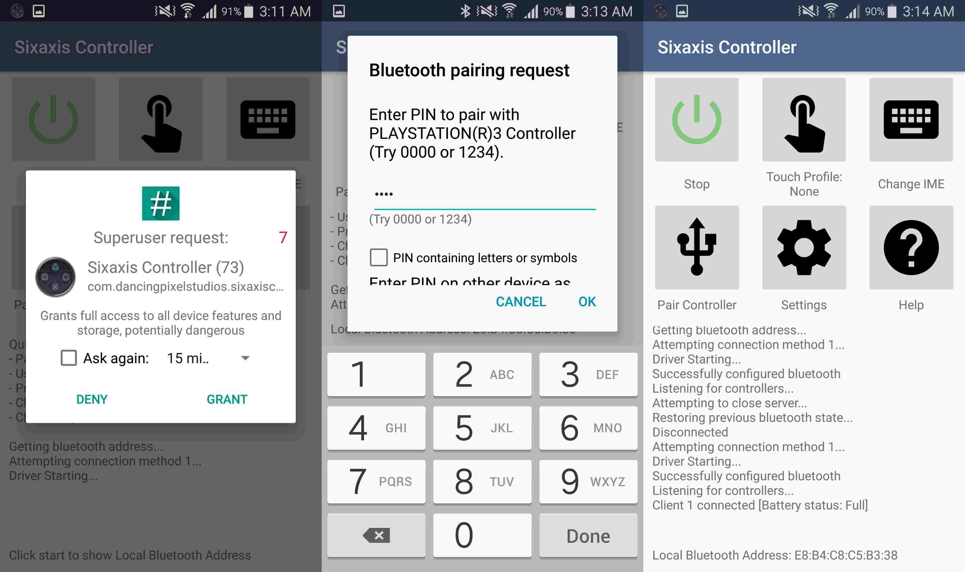 Скриншоты, показывающие подключение Sixaxis к контроллеру PS3 на Android.