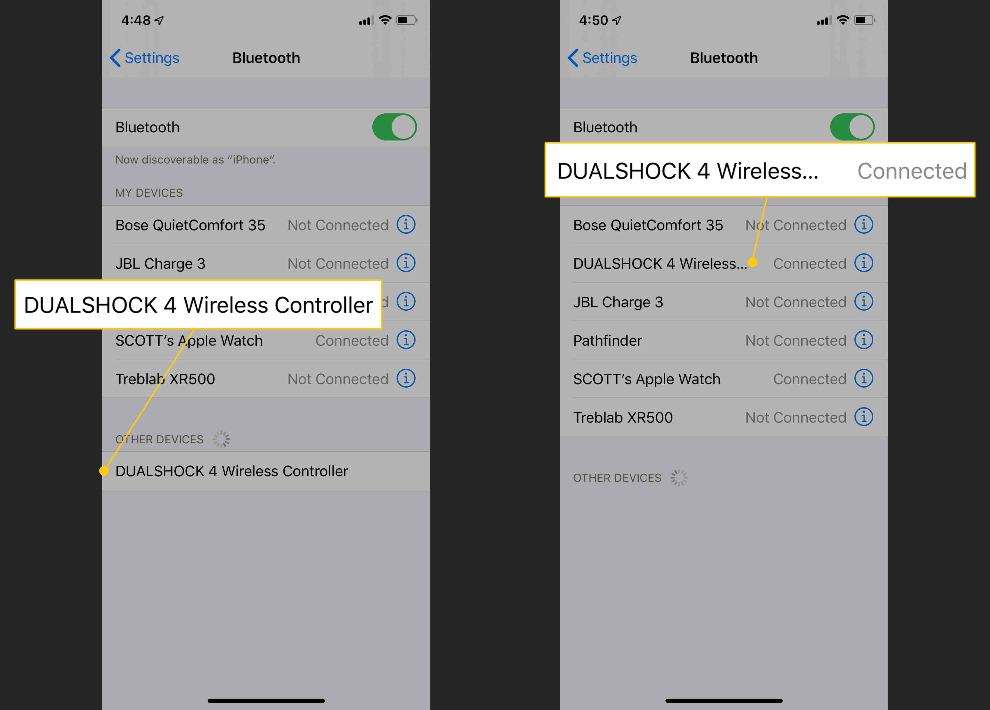 Беспроводной контроллер Dualshock до и после подключения по Bluetooth к iPhone