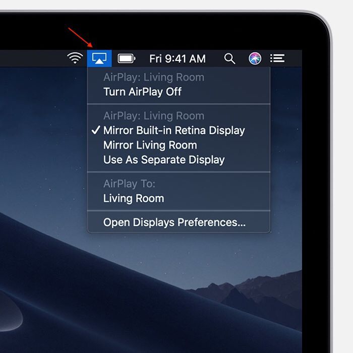 Снимок экрана меню AirPlay в macOS
