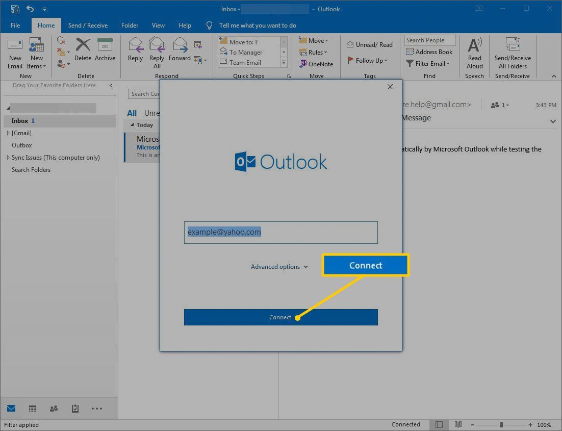 Кнопка подключения в Outlook