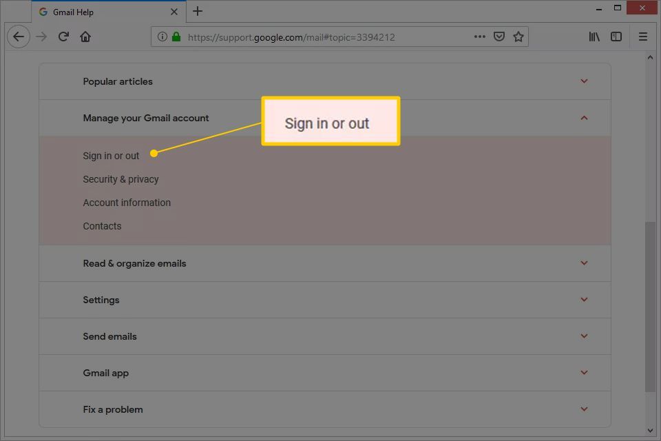 Кнопка входа или выхода на веб-сайте справки Gmail